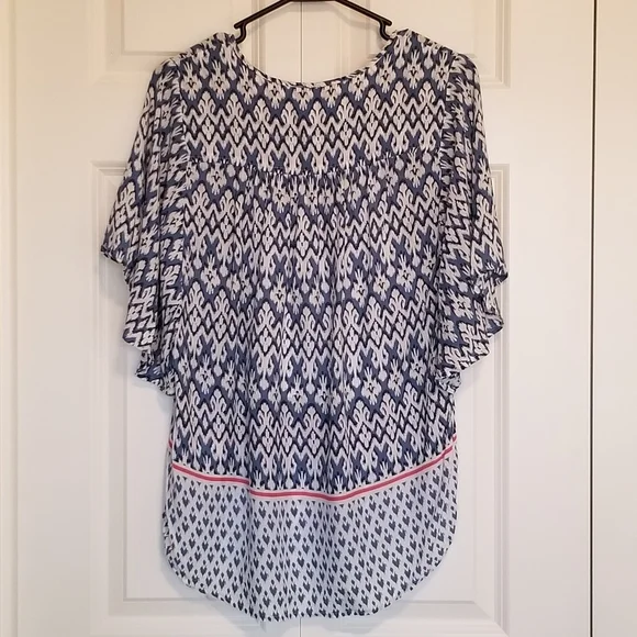 Beachlunchlounge blue white tassel tie neckline flutter sleeve SZ Med - Picture 2 of 5